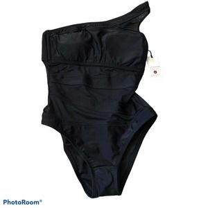 Shade&Shore One Piece Swimsuit Black One shoulder See Thru Mesh Athletic